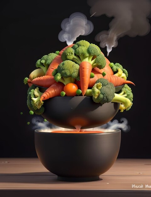 Foto el vapor de las verduras zanahoria brócoli coliflor en un cuenco negro un humeante hervido caliente él