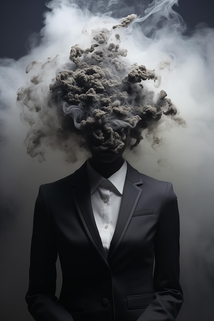 Foto vapores pretos estranhos pendurados na cabeça de um homem