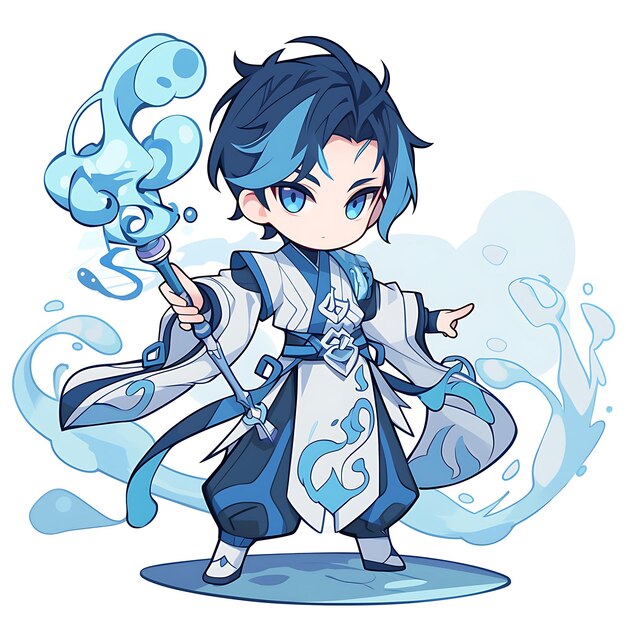 Foto vapormancer mage con vapor y agua con patrón blanco y bl activo de juego de personajes chibi kawii anime