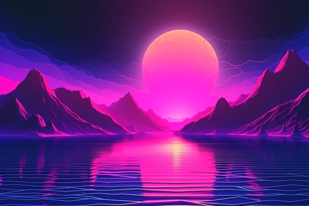 Vaporwave futurista Paisaje con río y montañas.