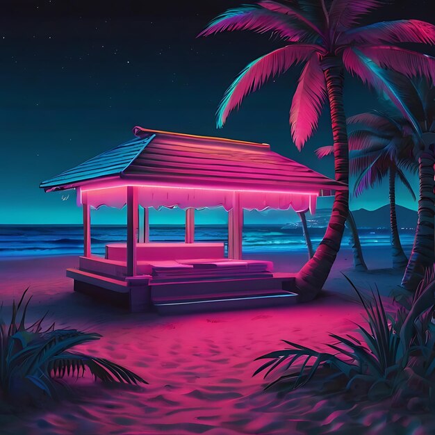 Foto vaporwave praia noite néon gerado por ia