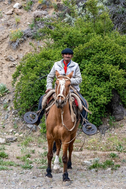 Vaqueiro gaúcho argentino passa com seu cavalo pela câmera na patagônia