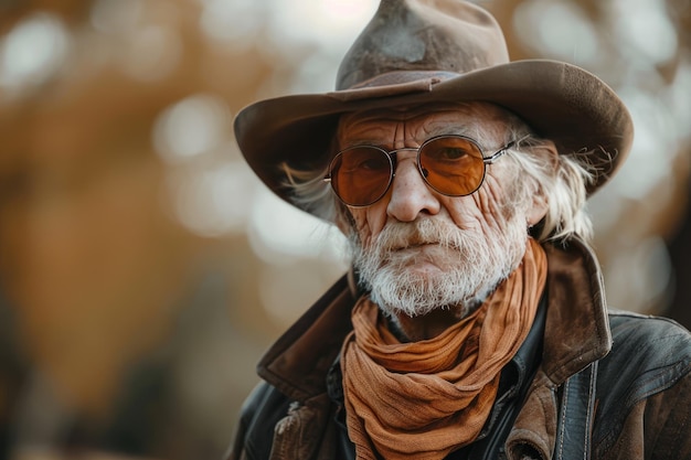 Un vaquero anciano con un sombrero desgastado y gafas de sol