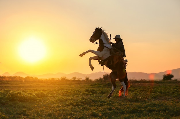 vaquero a caballo contra la puesta de sol