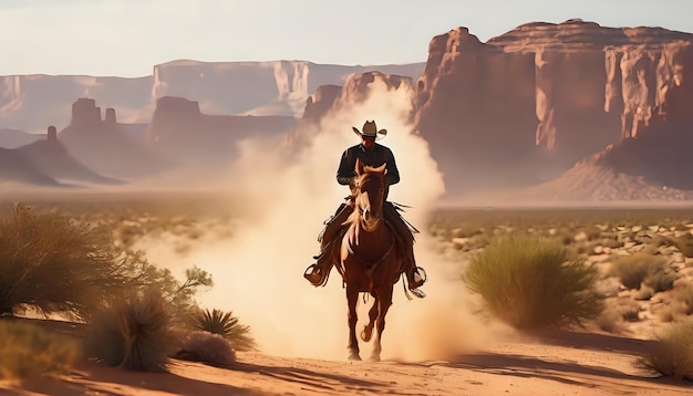 Un vaquero a caballo corriendo por un cañón del desierto