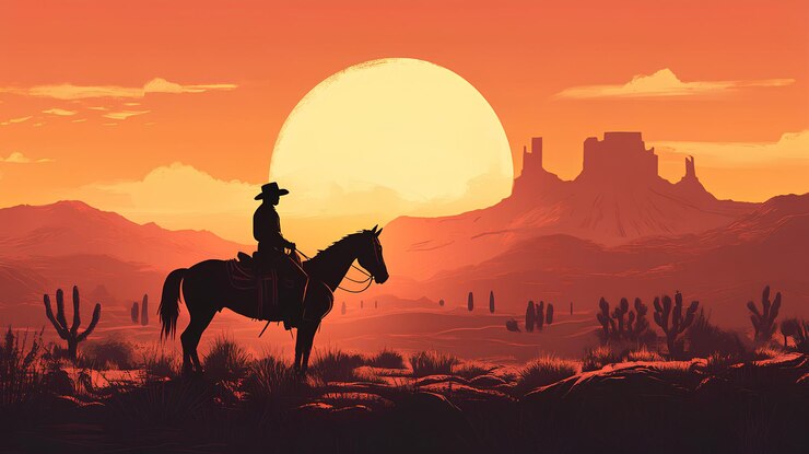 un vaquero en un caballo frente a una puesta de sol