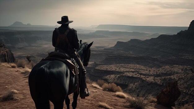 Vaquero a caballo paisaje con cañones salvaje oeste concepto IA generativa