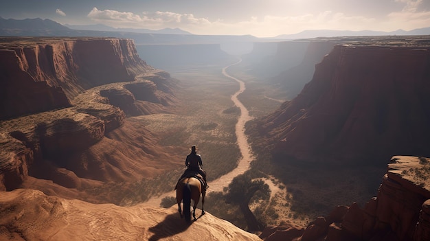 Vaquero a caballo paisaje con cañones salvaje oeste concepto IA generativa