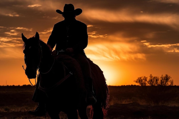 Foto un vaquero en un caballo con la puesta de sol detrás de él