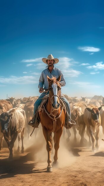 un vaquero en un caballo con un rebaño de ganado.