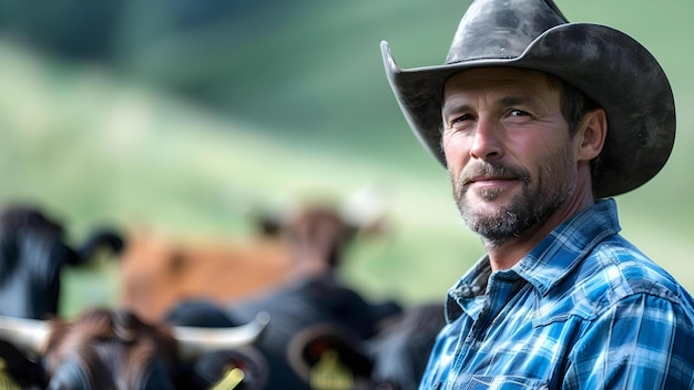 Foto vaquero confiado frente a las vacas escena típica de ranchero o vaquero concepto estilo de vida de vaquero cultura occidental ganadería de ganado américa rural escenas tradicionales de vaqueros