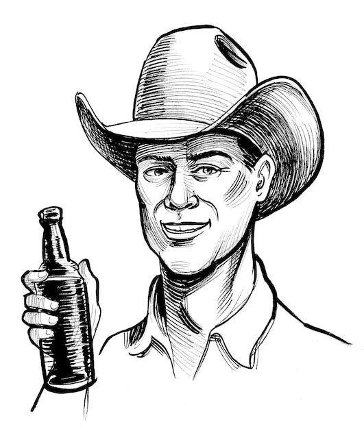 Un vaquero estadounidense bebiendo una botella de cerveza con tinta de estilo retro dibujo en blanco y negro