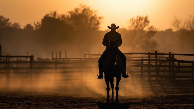 Un vaquero monta un caballo en una puesta de sol.