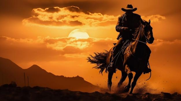 Un vaquero monta un caballo con el telón de fondo de una hermosa puesta de sol.