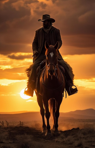 Un vaquero monta un caballo con el telón de fondo de una hermosa puesta de sol.