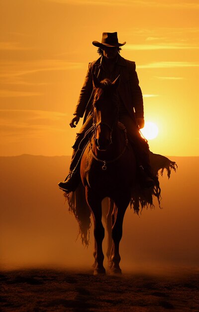 Un vaquero monta un caballo con el telón de fondo de una hermosa puesta de sol.