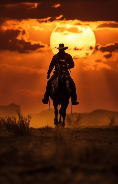 Un vaquero monta un caballo con el telón de fondo de una hermosa puesta de sol.