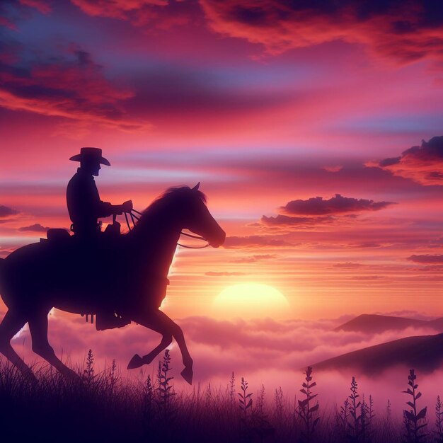 un vaquero montando un caballo frente a una puesta de sol