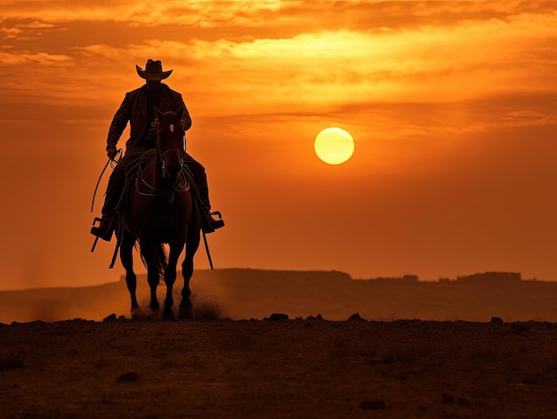 Foto un vaquero montando un caballo frente a una puesta de sol