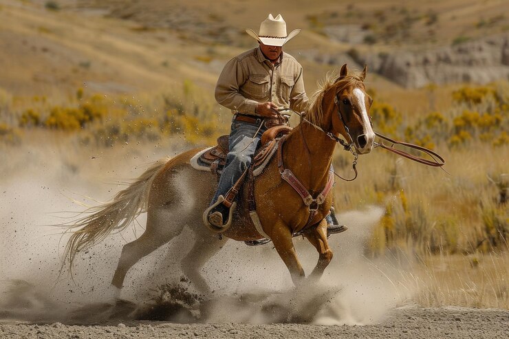 Un vaquero montando un caballo y haciendo cuerda en un rancho en verano.
