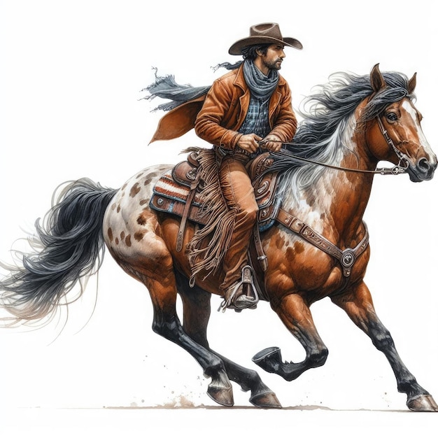 Un vaquero montando un caballo sobre un fondo blanco Ilustración en acuarela