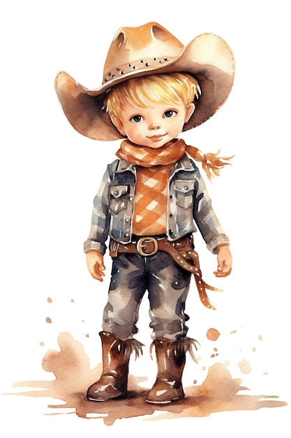 Vaquero personaje acuarela clipart lindo aislado sobre fondo blanco con IA generativa