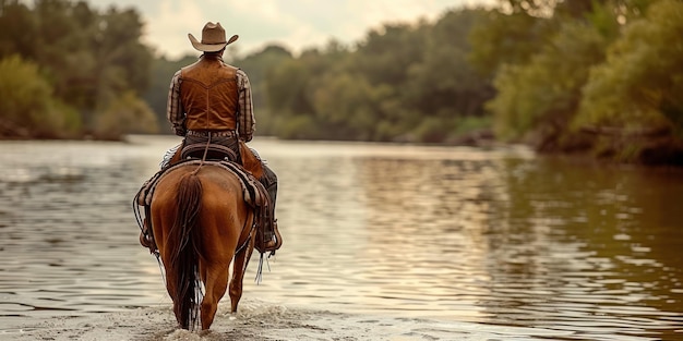 Un vaquero solitario galopando por el río