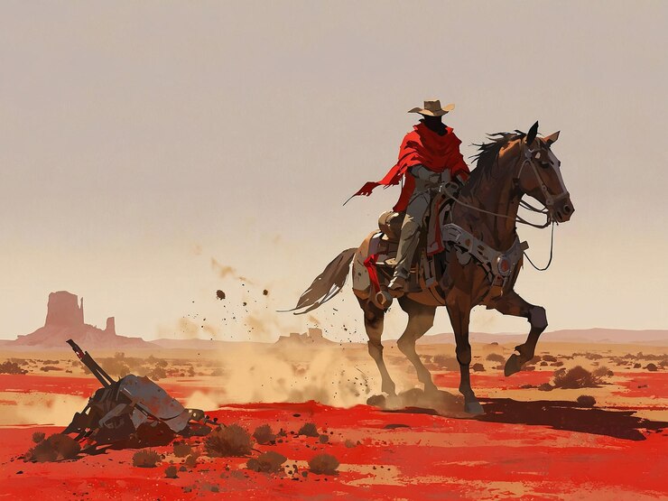 Un vaquero solitario monta un caballo mecánico a través de un desierto rojo
