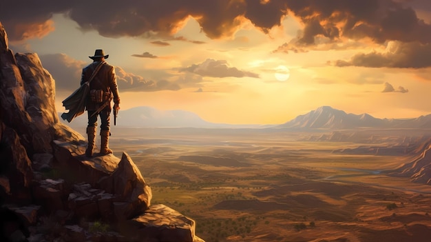 Vaquero solitario parado en lo alto de un acantilado rocoso con vistas a un vasto desierto árido el sol poniente lanzando el salvaje oeste ai generativo