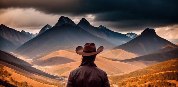 Vaquero con sombrero y chaqueta de cuero contra el telón de fondo de las montañas vista trasera pancarta panorámica IA generativa