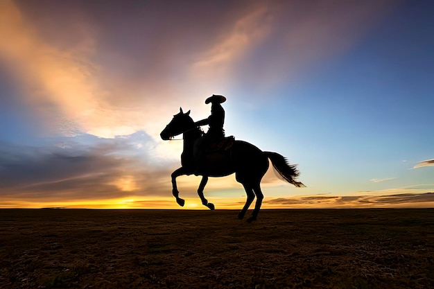 Un vaquero con su caballo corriendo por el campo.