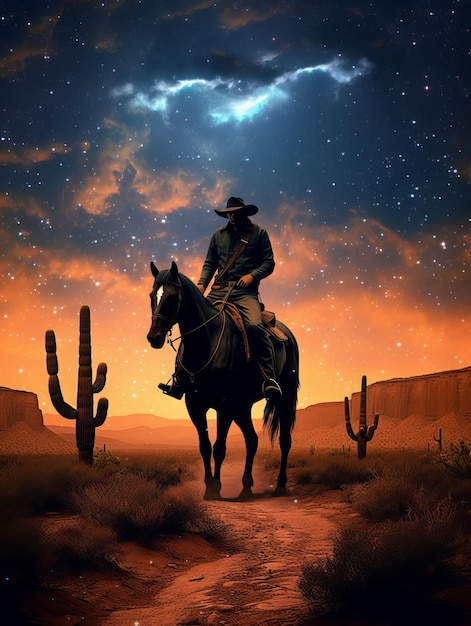 Un vaquero y su caballo bajo las estrellas