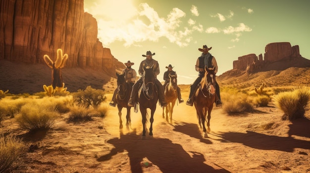 Los vaqueros a caballo caminan en un paisaje desértico.