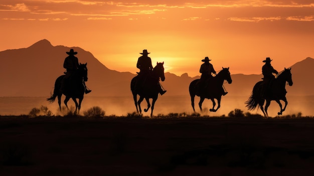 Vaqueros a caballo recortados por el sol poniente