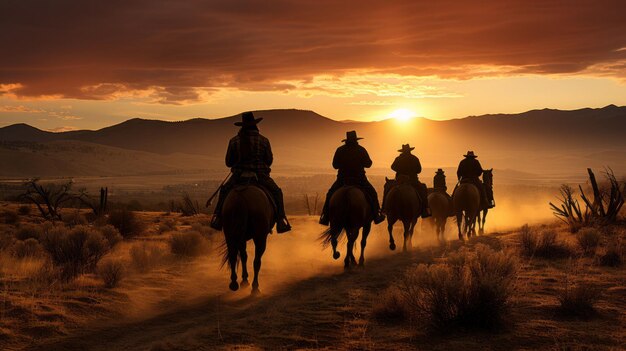 Vaqueros a caballo siluetados por el sol poniente