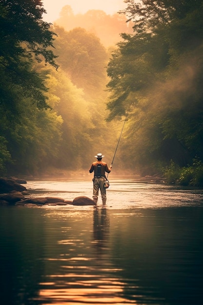 Vara de pesca de pesca no fundo do rio Generative AI