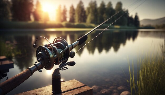 Vara de pesca no fundo do lago Generative AI