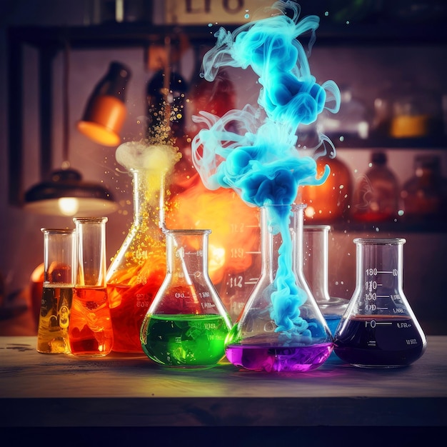 Vara de vidrio con sustancias multicolores en el laboratorio Proceso químico