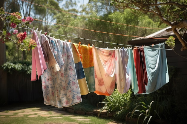 Varal com mistura de roupas de toalhas a sedas delicadas criadas com ai generativa