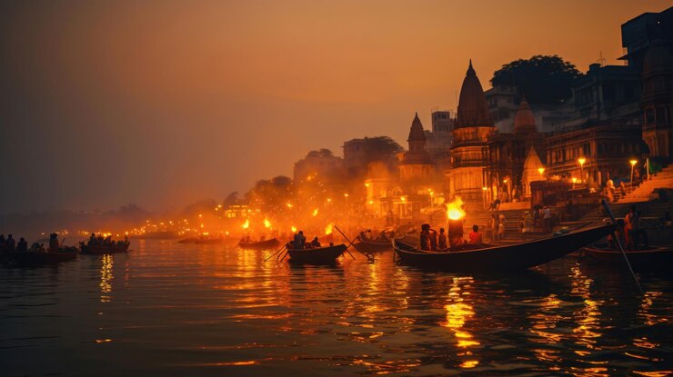 Varanasis Crepúsculo Magia Reflexiones Del Río Ganges
