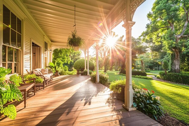 varanda arrefada com sol brilhando pela janela e plantas generativas ai