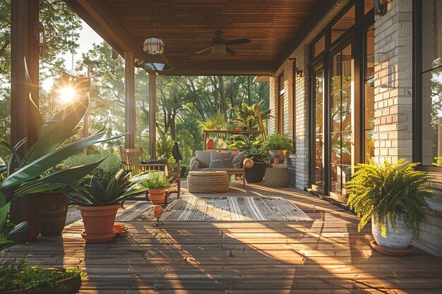 varanda arrefada com um sofá e uma mesa com plantas generativas ai