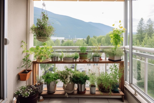 Varanda com jardim na janela e vista para a serra criada com ai generativa