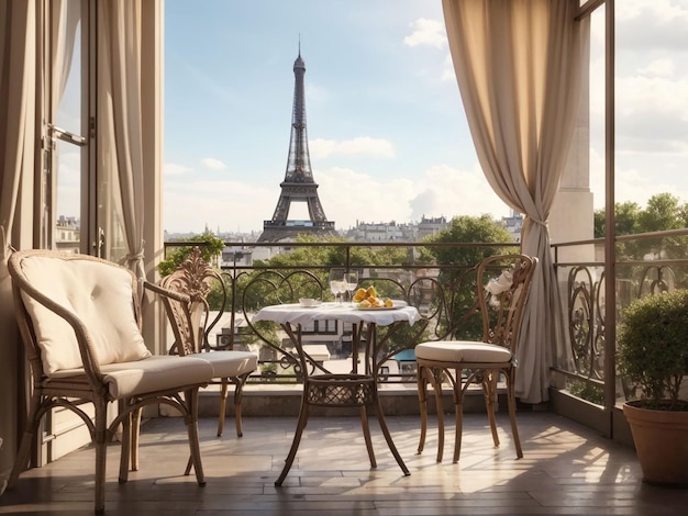 Varanda com mesa e cadeiras com vista para a Torre Eiffel