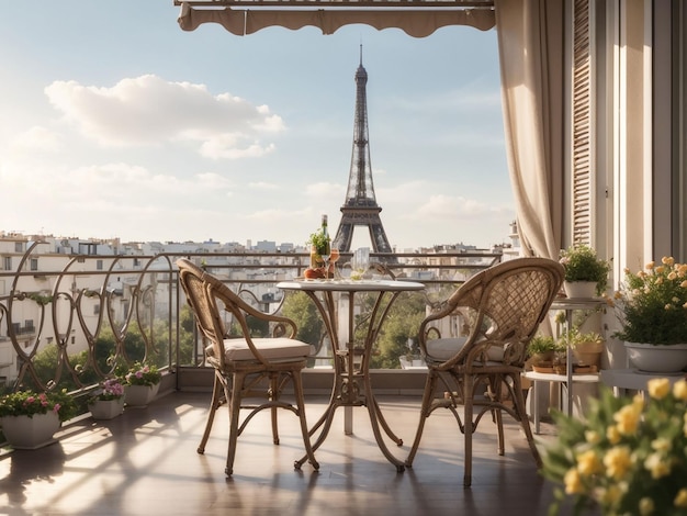 Varanda com mesa e cadeiras com vista para a Torre Eiffel