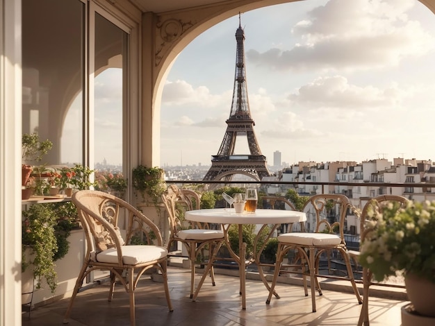 Varanda com mesa e cadeiras com vista para a Torre Eiffel