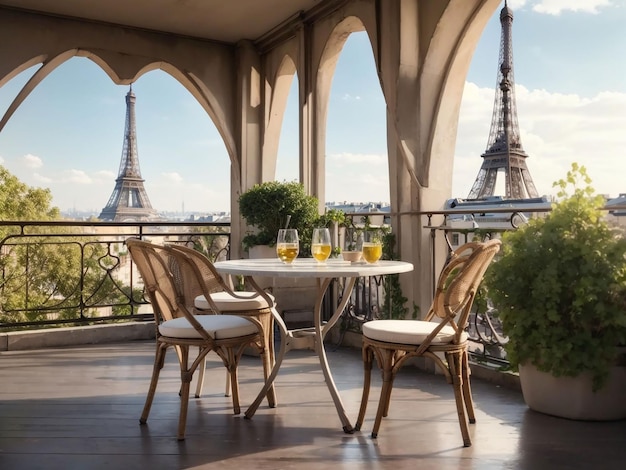 Varanda com mesa e cadeiras com vista para a Torre Eiffel