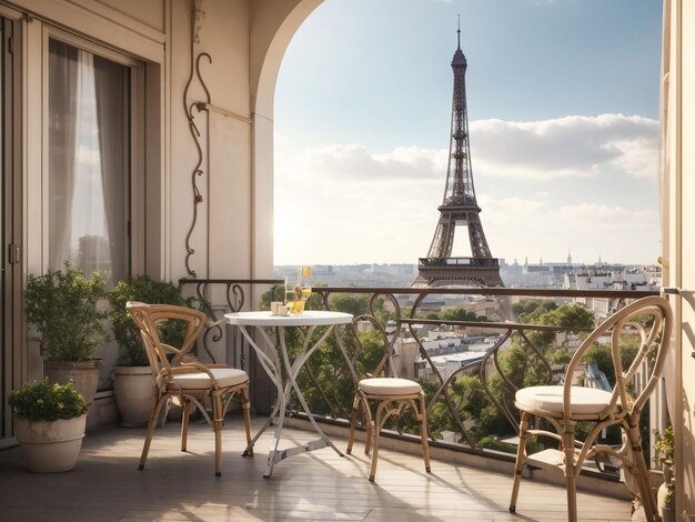 Varanda com mesa e cadeiras com vista para a Torre Eiffel