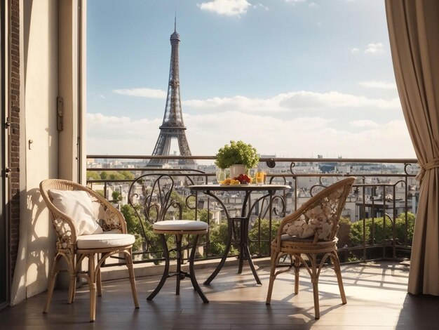 Varanda com mesa e cadeiras com vista para a Torre Eiffel