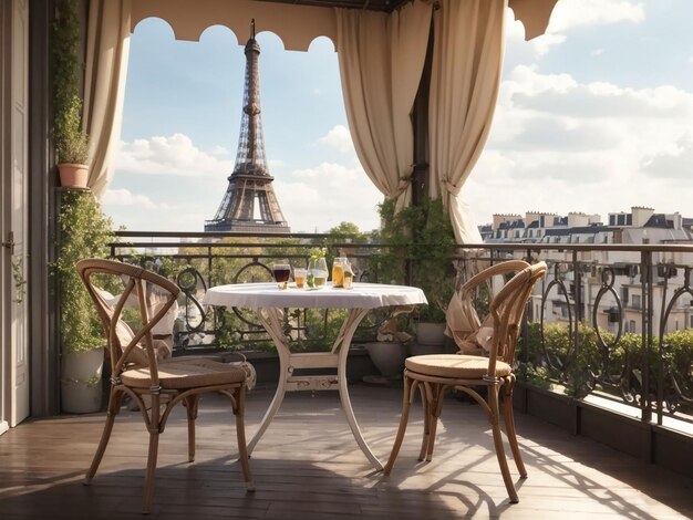 Varanda com mesa e cadeiras com vista para a Torre Eiffel